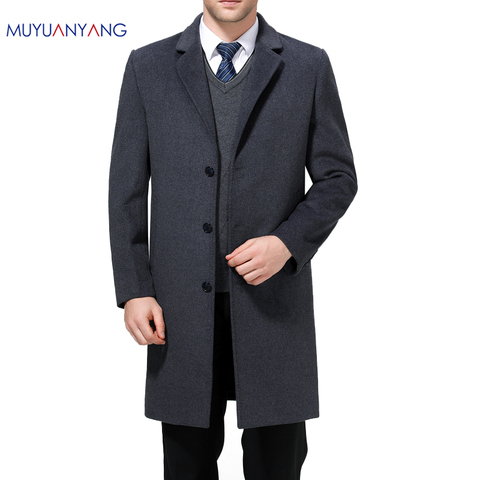 Мужская длинная кашемировая куртка Mu Yuan Yang, повседневная куртка из смески шерсти с воротником, длинное зимнее пальто, размеры до 4XL ► Фото 1/6