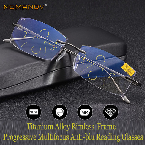 NOMANOV = прогрессивные многофокальные очки для чтения без оправы из титанового сплава с алмазной огранкой, расстояние от + 0,75 до + 3 ► Фото 1/6