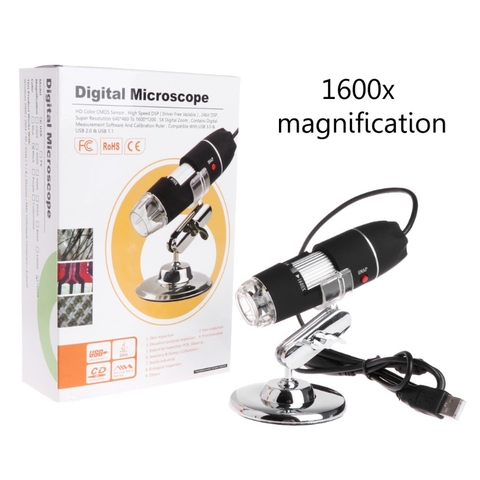 Цифровой USB микроскоп, 8 светодиодов, 1600 крат, электронный объектив, светильник, биологическая лупа, эндоскоп, штатив для видеокамеры ► Фото 1/6
