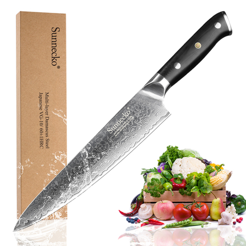 Кухонный нож шеф-повара премиум-класса SUNNECKO, японское лезвие из стали VG10, рукоятка из G10, огранка из дамасской стали, 8 дюймов ► Фото 1/6