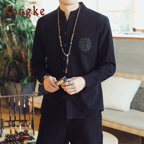 Мужская рубашка с вышивкой Zongke, черная однотонная уличная рубашка с длинным рукавом в китайском стиле, 5XL, 2022 ► Фото 1/6