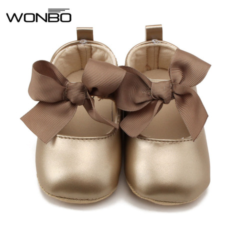 WONBO/мягкая обувь принцессы из искусственной кожи для маленьких девочек 0-18 месяцев; Обувь с бантиком для новорожденных ► Фото 1/6