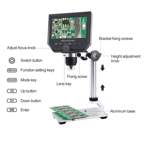 Электронный USB-микроскоп G600 600X, цифровой паяльный видеомикроскоп, камера 4,3 дюйма, ЖК-дисплей, фотокамера с 8 светодиодный ► Фото 1/6