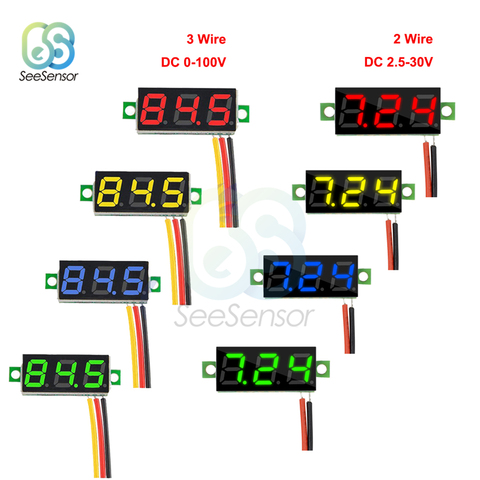 Цифровой вольтметр, светодиодный мини-измеритель напряжения, 0,28 дюйма, 0-100 в, 12 В, красный, зеленый, синий, желтый, белый ► Фото 1/6