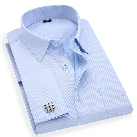 Мужская деловая рубашка с длинным рукавом, белая, синяя саржевая рубашка с французскими запонками, Азиатские размеры M, L, XL, XXL, 3XL, 4XL, 5XL, 6XL ► Фото 1/6