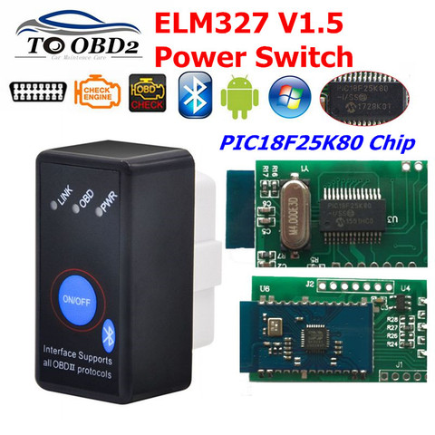 Чип PIC18F25K80, мини ELM327 Bluetooth V1.5 OBD2 диагностический инструмент с переключателем ELM 327 в 1,5 OBD 2 OBDII считыватель кодов, сканер ► Фото 1/6