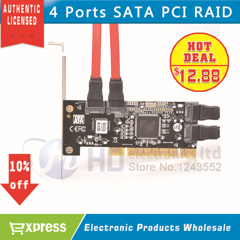 Бесплатная доставка, 1 шт. новый 4-портовый контроллер SATA PCI, RAID-карта 4 SATA, последовательный ATA PCI контроллер, RAID I/O карта, ПК + кабель ► Фото 1/2