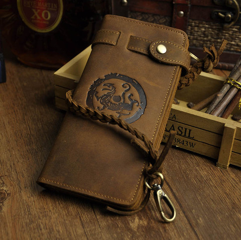 Мужской кошелек из натуральной кожи Crazy Horse, кошелек с цепочкой для чековой книжки, клатч, сумочка для мужчин, N3377 ► Фото 1/6