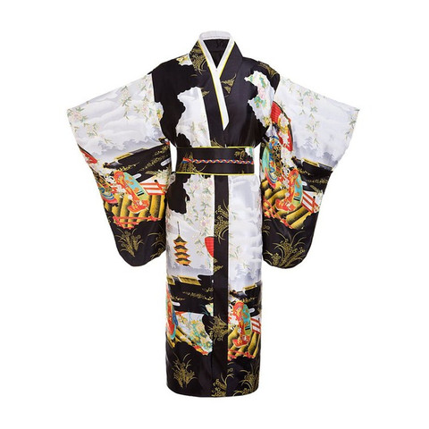 Кимоно женское традиционное юката, винтажное вечернее платье черного цвета с Оби и цветами, костюм для косплея, один размер ZW01 ► Фото 1/4
