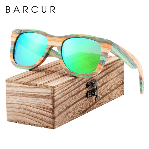 BARCUR градиентные женские солнцезащитные очки Бамбуковые поляризованные солнцезащитные очки для мужчин зеркальные квадратные очки UV400 ► Фото 1/6