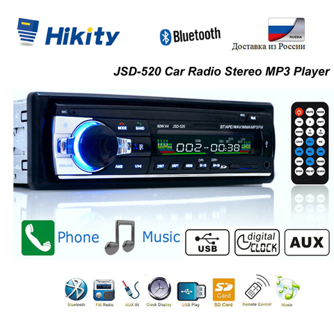 Автомагнитола Hikity JSD-520, 1 DIN, мультимедийный плейер 12 В c Bluetooth, FM-радио, Aux-IN, SD, USB, MP3 ► Фото 1/6