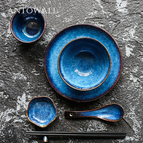 ANTOWALL 5 шт./компл. синяя керамическая тарелка в европейском стиле, тарелка для риса, чашка, тарелка для соуса, набор для 1 человека ► Фото 1/5