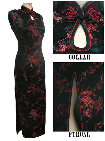 Черно-красное традиционное китайское платье Для женщин атлас с цветочным узором, чонсам, китайский шелковый халат: Размеры S M L XL XXL XXXL J3035 ► Фото 1/6