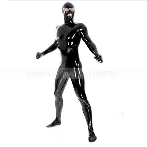 Однотонный черный латексный мужской костюм кошки резиновый латекс Zentai боди с капюшоном перчатки носки прикрепленные раньше ► Фото 1/1
