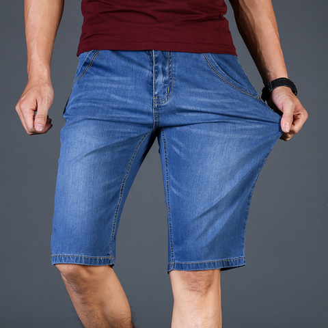 2022 летние брендовые эластичные тонкие джинсы высокого качества из хлопка, мужские короткие мягкие синие повседневные шорты до колена размера плюс 28-46 ► Фото 1/6