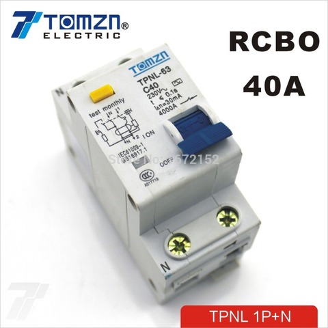 Автоматический выключатель TPNL 1P + N 40A 230 В ~ 50 Гц/60 Гц остаточного тока с защитой от перегрузки по току и утечки RCBO ► Фото 1/2
