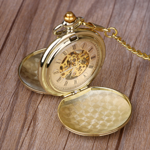 Ретро золотые карманные & Fob часы полный двойной Охотник Механические карманные часы выгравированы мужчин женщин мужчин карманные часы цепь ► Фото 1/6