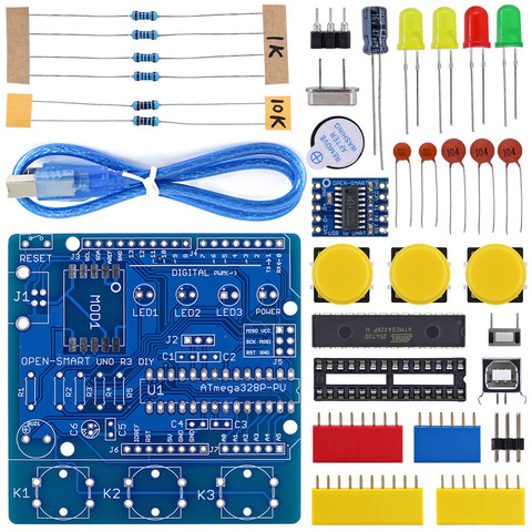 Плата разработки OPEN-SMART UNO R3 DIY ATmega328P, драйвер CH340, комплект деталей для пайки с зуммесветодиодный и светодиодной кнопкой для Arduino UNO R3 -B ► Фото 1/1