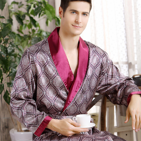 Мужской шелковый халат с длинным рукавом размера плюс 5XL, кимоно, домашняя банная одежда, мужские геометрические халаты с принтом, атласная ночная рубашка с v-образным вырезом ► Фото 1/5