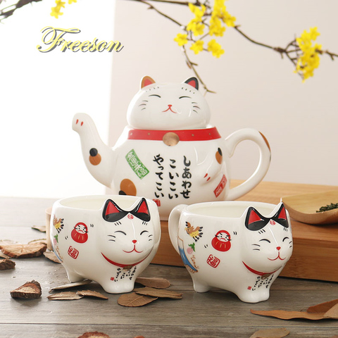 Милый фарфоровый чайный набор с японской кошкой на удачу, креативная керамическая чайная чашка Манеки Неко, чайник с фильтром, прекрасная к... ► Фото 1/6