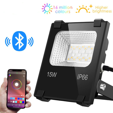 Умный светодиодный прожектор, уличный светильник RGB 15 Вт Bluetooth4.0 360, управление через приложение, IP66 водонепроницаемый садовый меняющийся пр... ► Фото 1/6