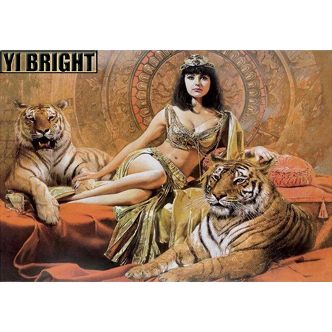 Алмазная вышивка крестиком, рисунок «Египетская принцесса Клеопатра и Тигр», 5D алмазная картина «сделай сам», мозаика Стразы GT ► Фото 1/6