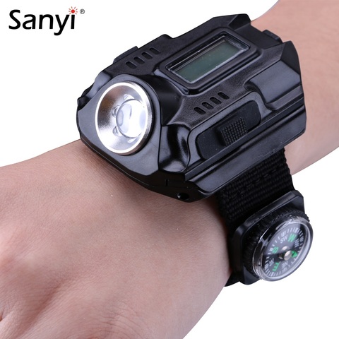 Sanyi R2 светодиодный фонарик для наручных часов, портативный фонарик с зарядкой через USB, 4-режисветильник ная тактическая вспышка, дисплей времени с компасом ► Фото 1/6