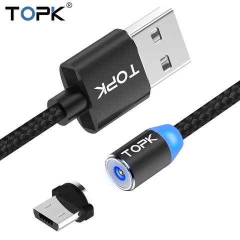 Магнитный кабель Micro USB TOPK AM23 со светодиодным индикатором, Модернизированный Магнитный зарядный кабель с нейлоновой оплеткой для Micro USB порт... ► Фото 1/6