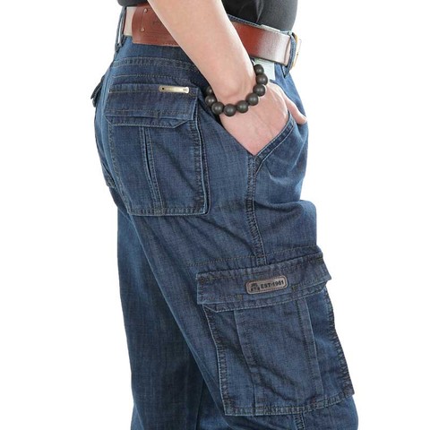 Сезон: весна–лето джинсы Брендовые брюки-карго с большим карманом Для мужчин джинсовые штаны Повседневное прямые свободные брюки-багги му... ► Фото 1/2