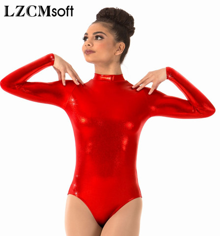LZCMsoft женский купальник с длинным рукавом, водолазка, Леотард для гимнастики и танцев, цельный сценический костюм, блестящий металлик ► Фото 1/6