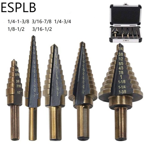 ESPLB 5 шт. быстрорежущие кобальтовые титановые ступенчатые сверла с несколькими отверстиями 50 размеров, высокоскоростные стальные сверла, конусный резак для сверления отверстий, бит ► Фото 1/6