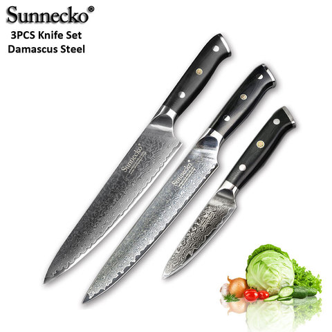 SUNNECKO 3 шт. нож шеф-повара для очистки овощей, набор кухонных ножей, японский Дамаск VG10, острые стальные бритвы G10, режущие ножи с ручкой ► Фото 1/6