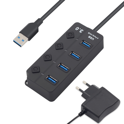 4-портовый концентратор USB 3,0, 5 Гбит/с со светодиодным выключателем, мульти usb-разветвитель, адаптер питания США/ЕС для MacBook Pro, ноутбука, ПК, ко... ► Фото 1/6