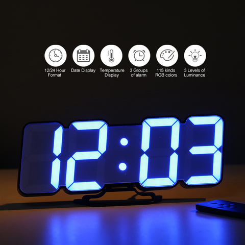 Настенные настольные часы, 3D беспроводной дистанционный цифровой RGB светодиодный Будильник с питанием от USB, 115 цветов, 3 уровня яркости, Звуковое управление ► Фото 1/6