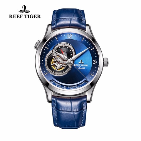 Дизайнерские повседневные часы Reef Tiger/RT с синим циферблатом, часы из нержавеющей стали, автоматические часы с ремешком из натуральной кожи ... ► Фото 1/5