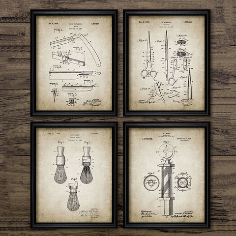 Винтажный постер для парикмахера с патентованными принтами, щёткой для бритья, ножничкой для парикмахеров, украшением для бритвы ► Фото 1/2