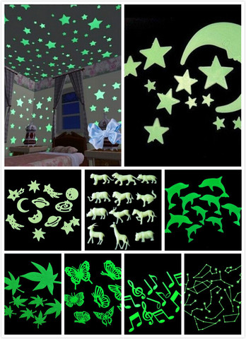 9 стилей 3D настенные наклейки светится в темноте, светящиеся флуоресцентные настенные наклейки для детей, детская комната, спальня, декор дл... ► Фото 1/6
