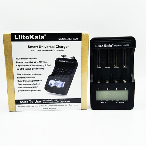 Новое зарядное устройство для аккумуляторов LiitoKala с ЖК-дисплеем 3,7 в/1,2 в 18650/26650/16340/14500 (адаптер lii500 + 12 В 2 А + автомобиль) ► Фото 1/6
