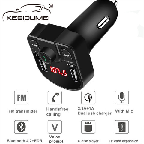 Автомобильный комплект громкой связи Bluetooth 4,2, MP3 плеер, FM-передатчик, поддержка TF-карты, U-диск, QC2.0, а, быстрое зарядное устройство с двумя USB-портами, адаптер питания ► Фото 1/6