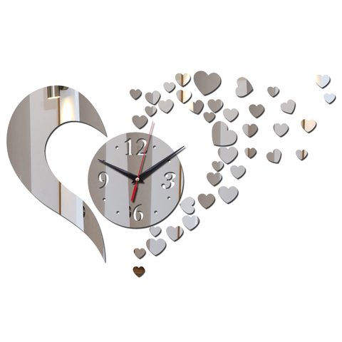Настенные кварцевые часы в европейском стиле с сердечками, декоративные настенные часы для гостиной, зеркальный акриловый материал, наклей... ► Фото 1/6