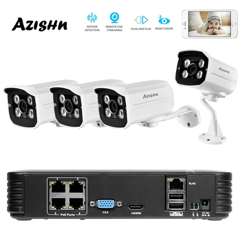 4-канальная система видеонаблюдения AZISHN, Full HD, 1080P, 4 шт., 2 МП, металлическая наружная IP-камера, 4 канала, 1080P, POE, 48 В, комплект видеонаблюдения, HDMI... ► Фото 1/6