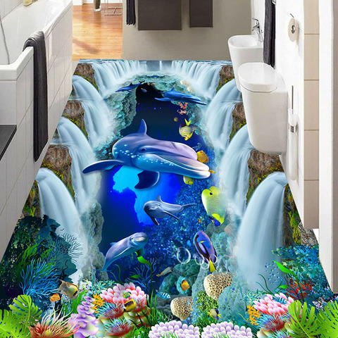 Пользовательские 3D напольные Настенные обои водопад подводный мир Дельфин 3D дорожка для ванной напольная плитка Наклейка Декор ПВХ водонепроницаемый ► Фото 1/6