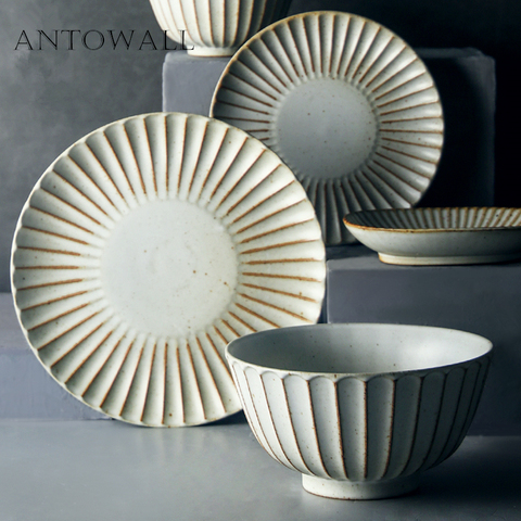 Набор посуды ANTOWALL из керамики в японском стиле, домашняя керамическая чаша в стиле ретро, тарелка для рыбы, обеденная тарелка, суп, лапша, Сал... ► Фото 1/5