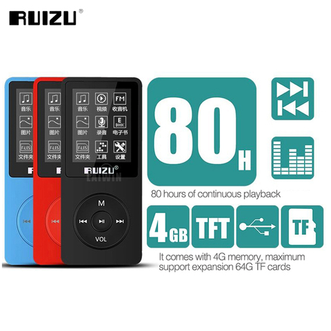 Оригинальный Ультратонкий MP3-плеер RUIZU X02 английской версии с памятью 4 ГБ и экраном 1,8 дюйма, может воспроизводить 80ч с FM-радио и электронной ... ► Фото 1/6