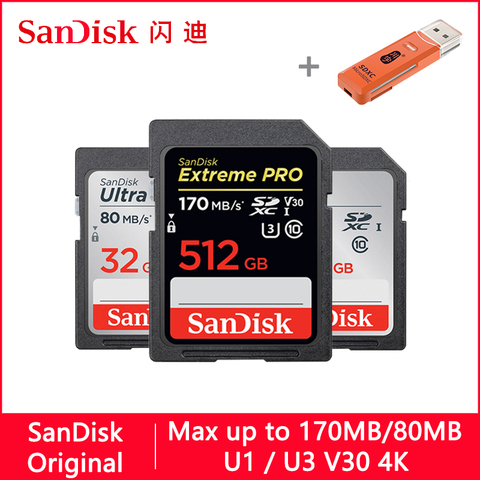 SanDisk Extreme Pro/Ultra SD карта памяти, 32 ГБ, 128 ГБ, 64 ГБ, 256 ГБ, 512 ГБ, 16 ГБ, U3/U1, 32 ГБ, 64 ГБ, 128 ГБ, флеш-карта SD, SDXC, SDHC ► Фото 1/5