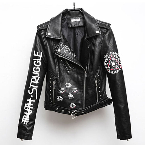 Женская байкерская куртка из искусственной кожи Pu, черная короткая куртка на молнии с принтом и заклепками в стиле хип-хоп, PY21 ► Фото 1/6