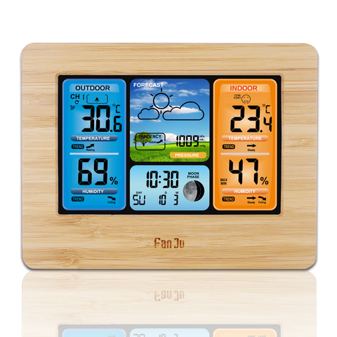 FanJu FJ3373 метеостанция, настенные часы, цифровые, температура, влажность, барометр, прогноз погоды, подсветка, повтор, будильник, беспроводной датчик ► Фото 1/6