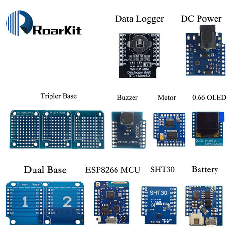 ESP8266 D1 Mini Pro WiFi NodeMcu щит регистратора данных DS1307 батарея 0,66 OLED DC мощный зуммер V1.0.0 двойное основание для WeMos DIY Kit ► Фото 1/6