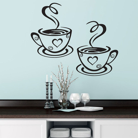 Наклейки на стену с двумя кофейными чашками для кухни, бара, для гостиной, ресторана, фона, художественные наклейки, обои, украшение для дома ► Фото 1/5