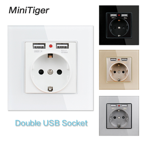 Mini Tiger белая панель из хрустального стекла, двойной USB порт для зарядки 2,1 А 16 А, Россия, Испания, USB настенная розетка, розетка европейского ст... ► Фото 1/6